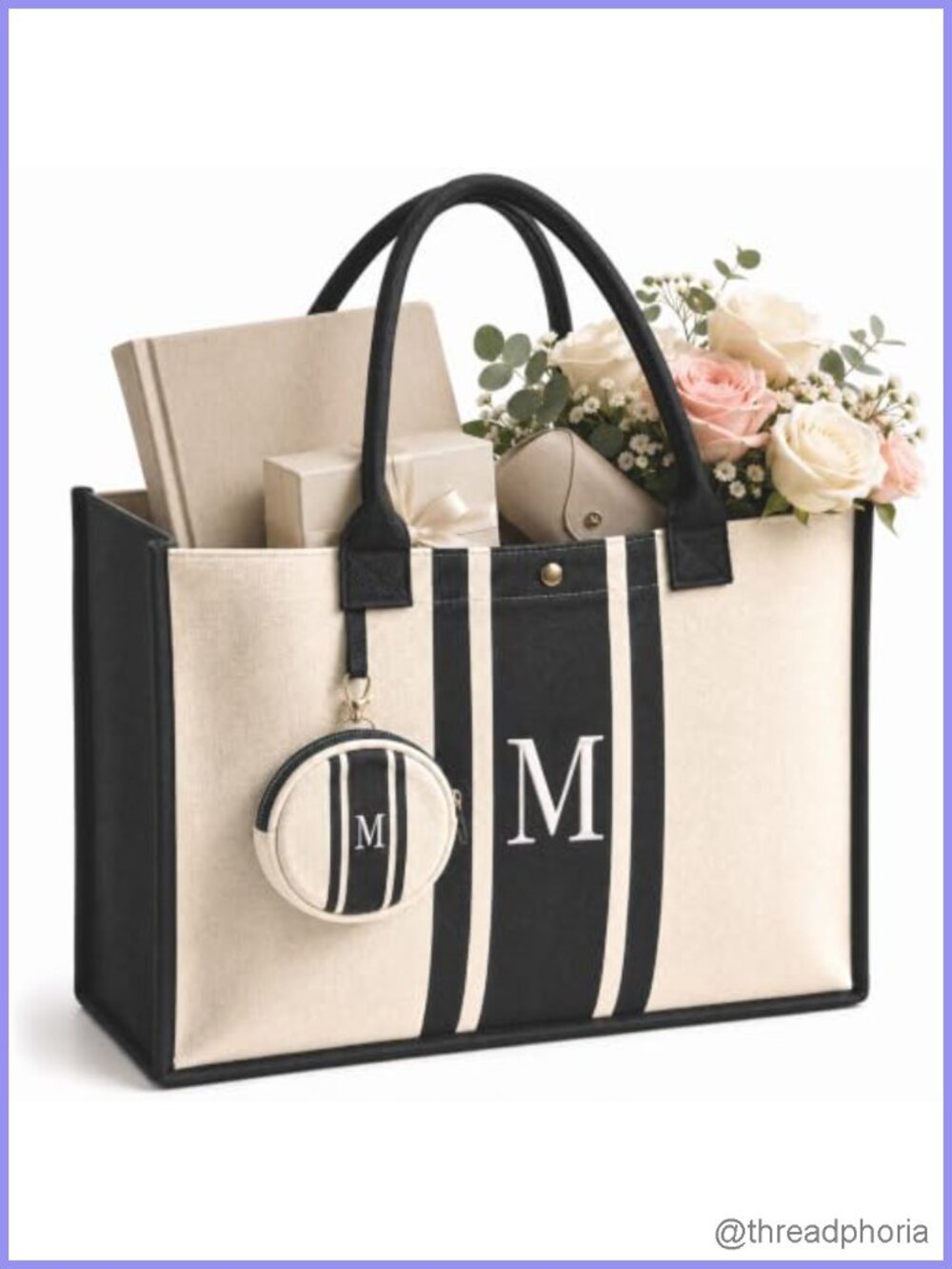 Monogrammed Initial M Canvas Tote Bag with Matching Makeup Pouch